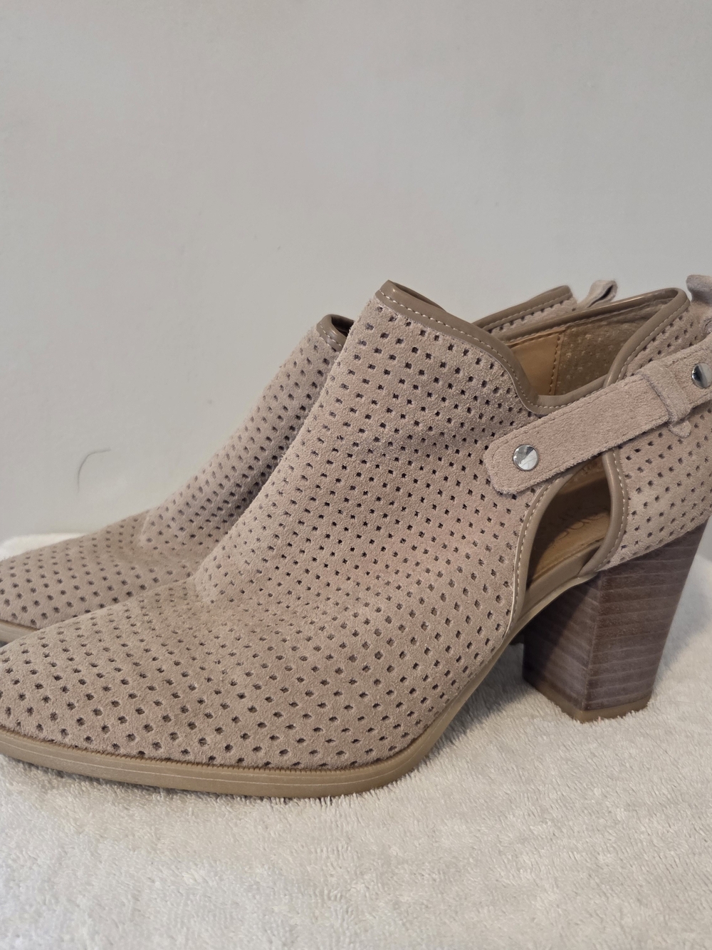 Franco Sarto Perforated Suede Block Heel Booties - Taupe